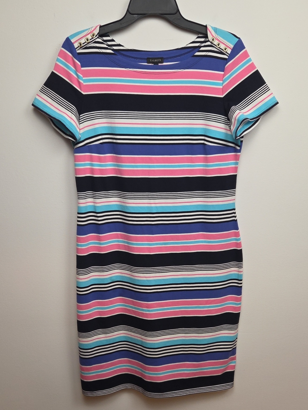 Talbots Pink, Blue, Purple Cotton Striped Short Sleeve Casual Shift Dress Medium